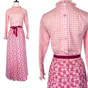 Vintage 1960's Pink Gingham & Daisy Print Matching Set Maxi Skirt Midge Grant